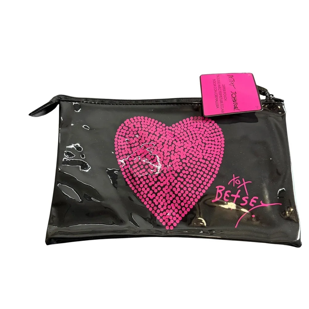 Betsey Johnson Black‎ Pink Heart Zipper Pouch Cosmetic Makeup Travel Bag